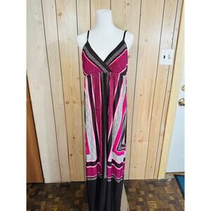 vtg retro Y2K INC Pink/brown striped vneck comfy maxi dress spaghetti strap XL